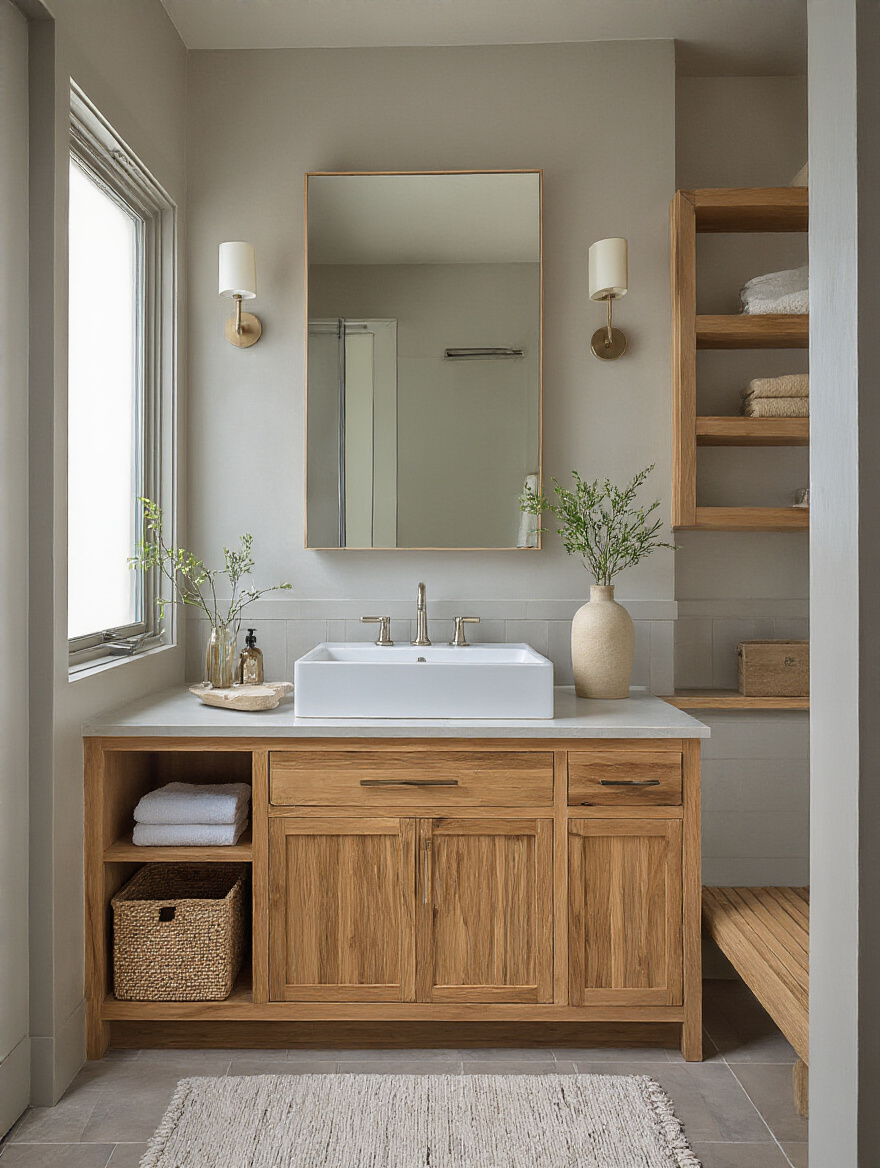 Portrait photo of a bathroom vanity made from reclaimed oak and bamboo with natural, low‑VOC finishes, soft side lighting and eco-friendly accessories.