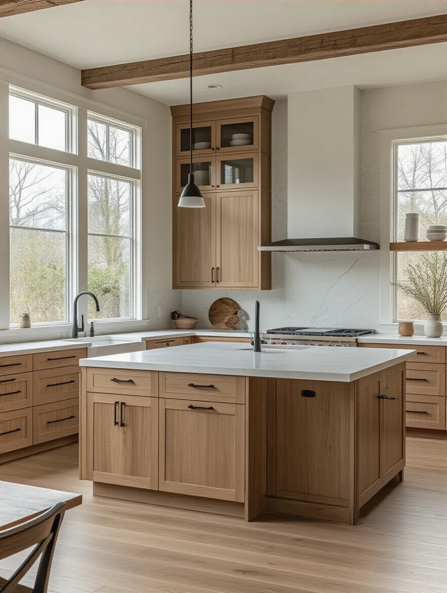 Modern kitchen interior blending diverse design styles with natural light and minimalist elements
