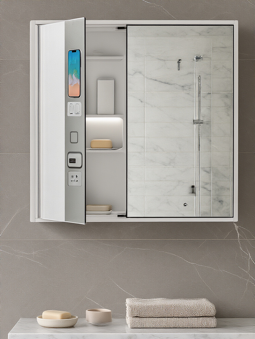 Portrait of a modern smart bathroom cabinet with built-in charging ports and an anti-fog mirror, interior open to show wireless charging pad and neatly organized shelves.