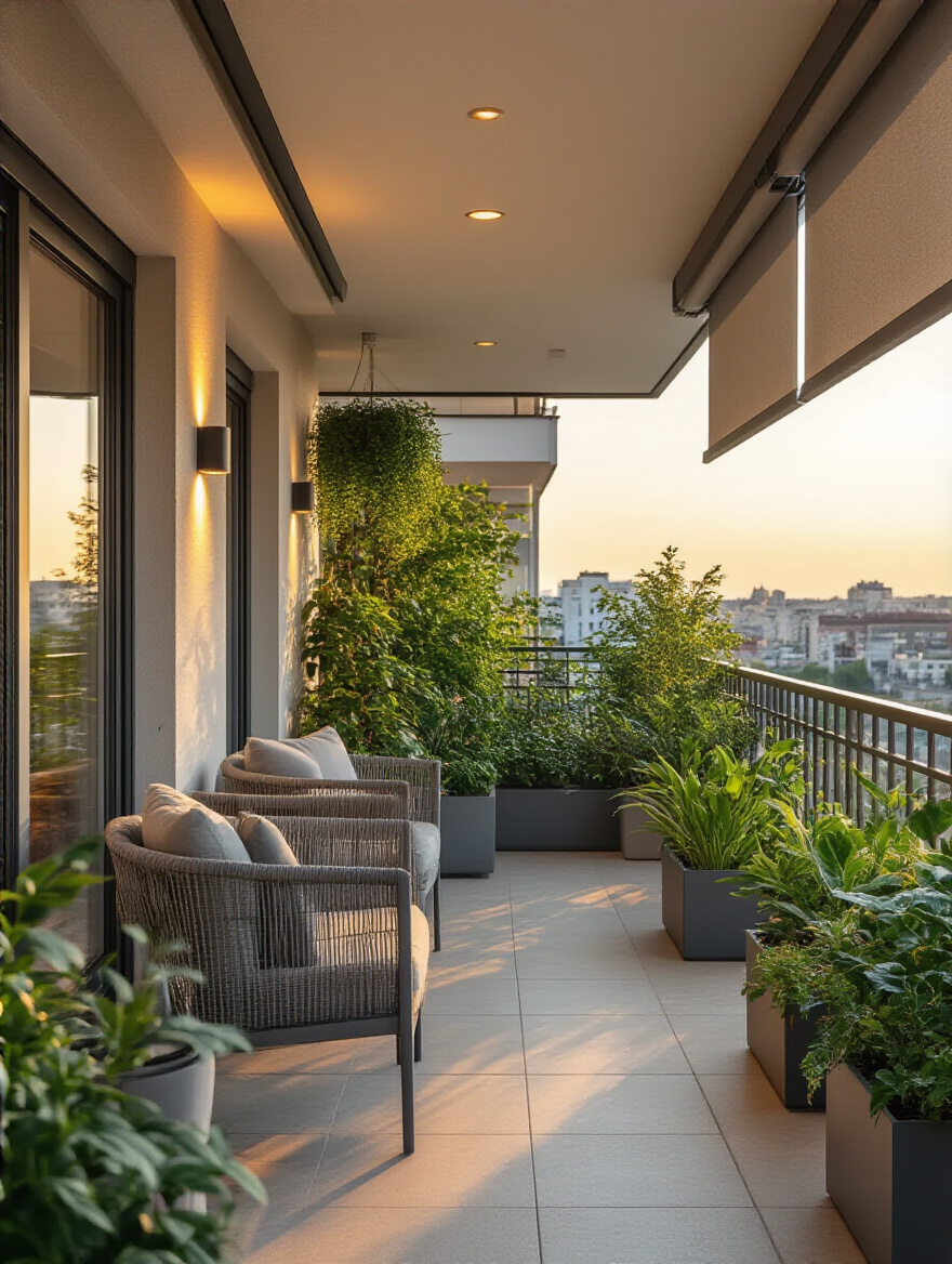 Modern small balcony equipped with smart home automated lighting, motorized awnings, and smart irrigation system during golden hour