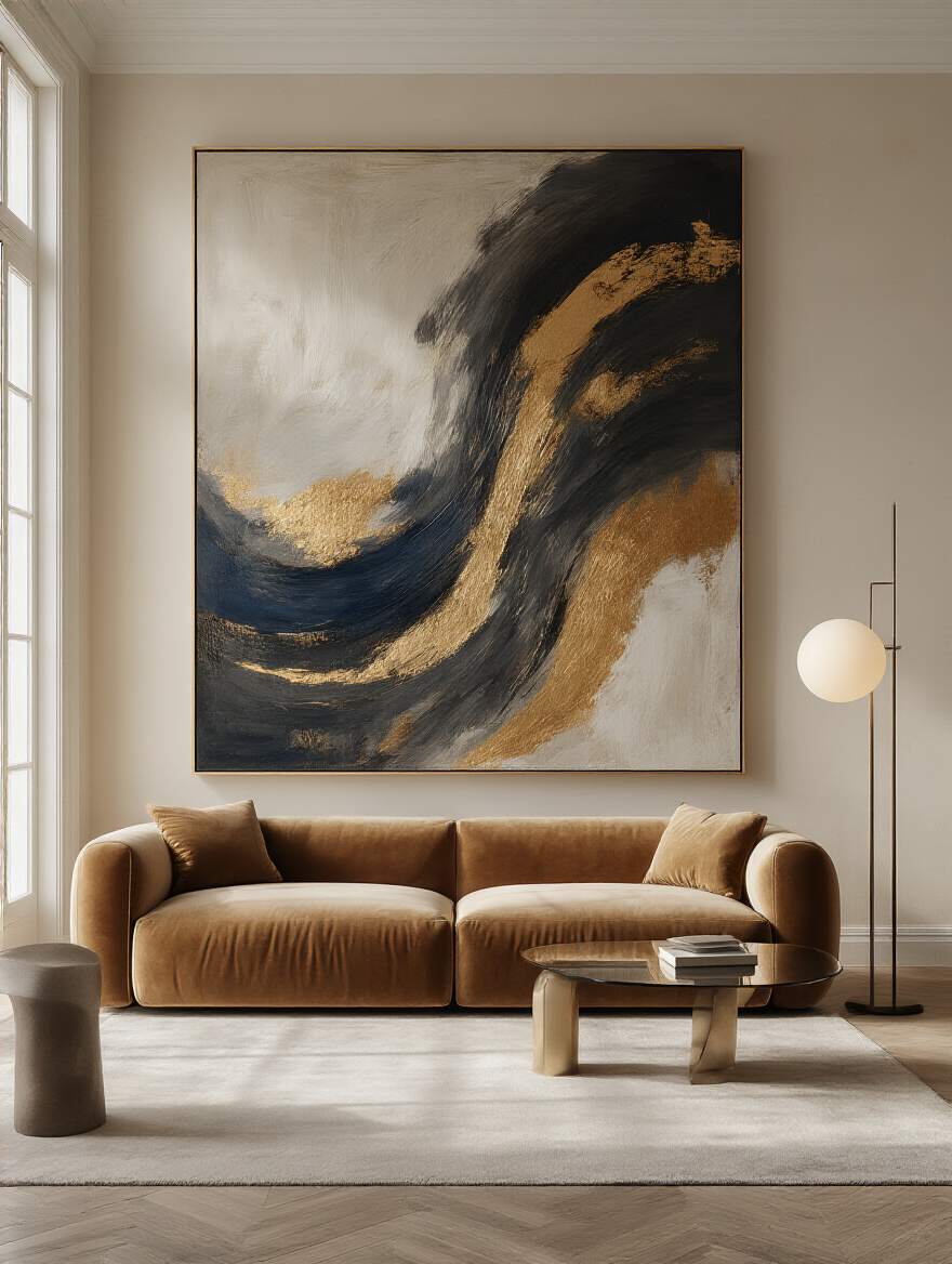 Vertical photo of a luxury living room with a monumental wall artwork as the focal point, no people, no text.