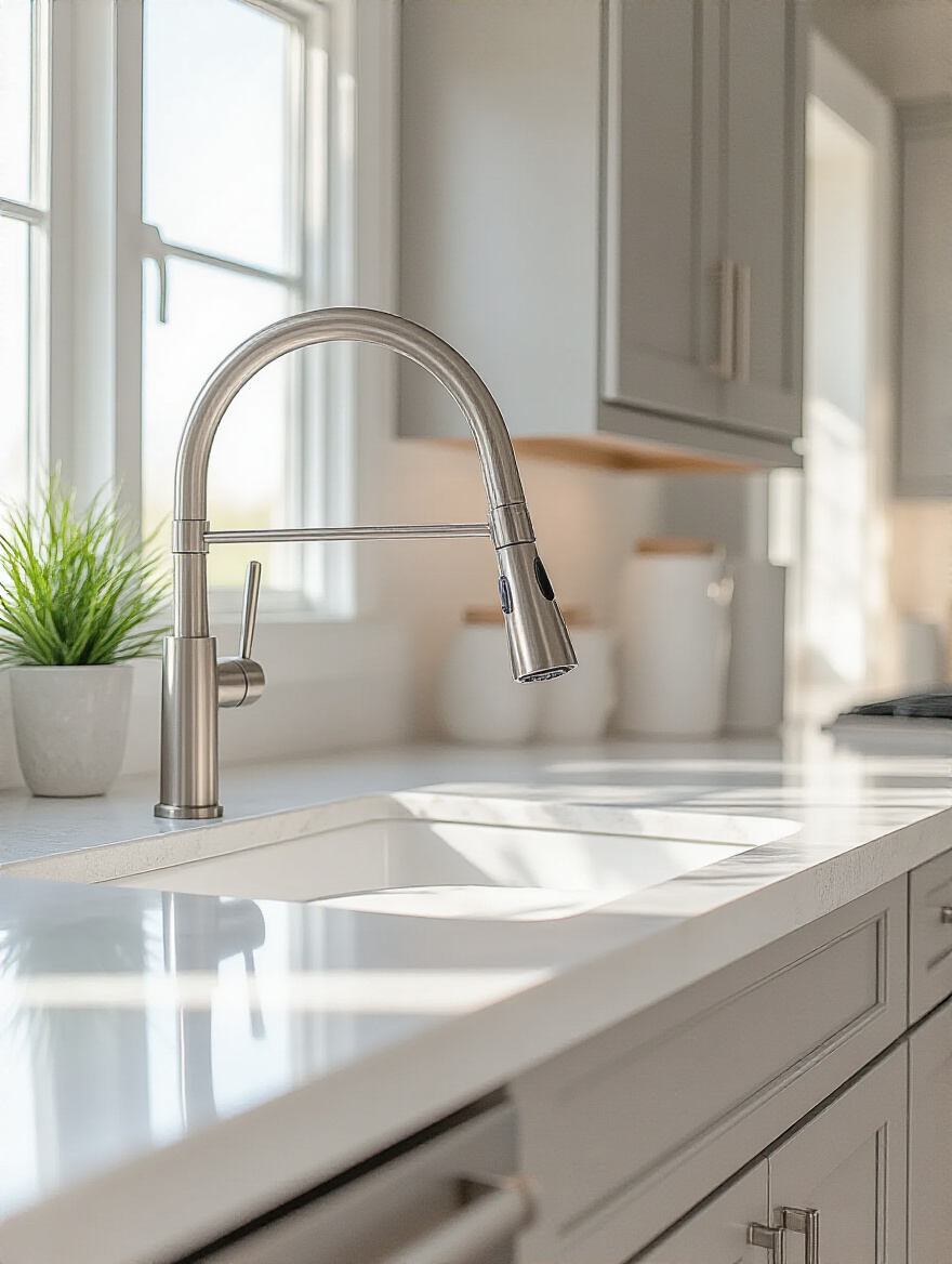 Modern brushed nickel kitchen faucet on white quartz countertop with natural light highlighting its sleek design