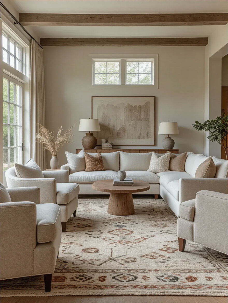 Modern living room with sofa and chairs floated away from walls creating intimate seating and open flow