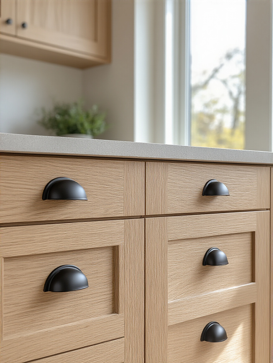 Close-up portrait photo of kitchen cabinets with updated matte black knobs and pulls
