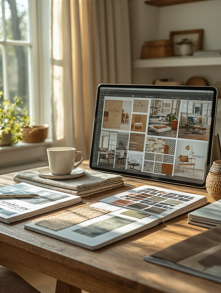 Workspace with mood board, fabric swatches, and color palettes for identifying decorating style