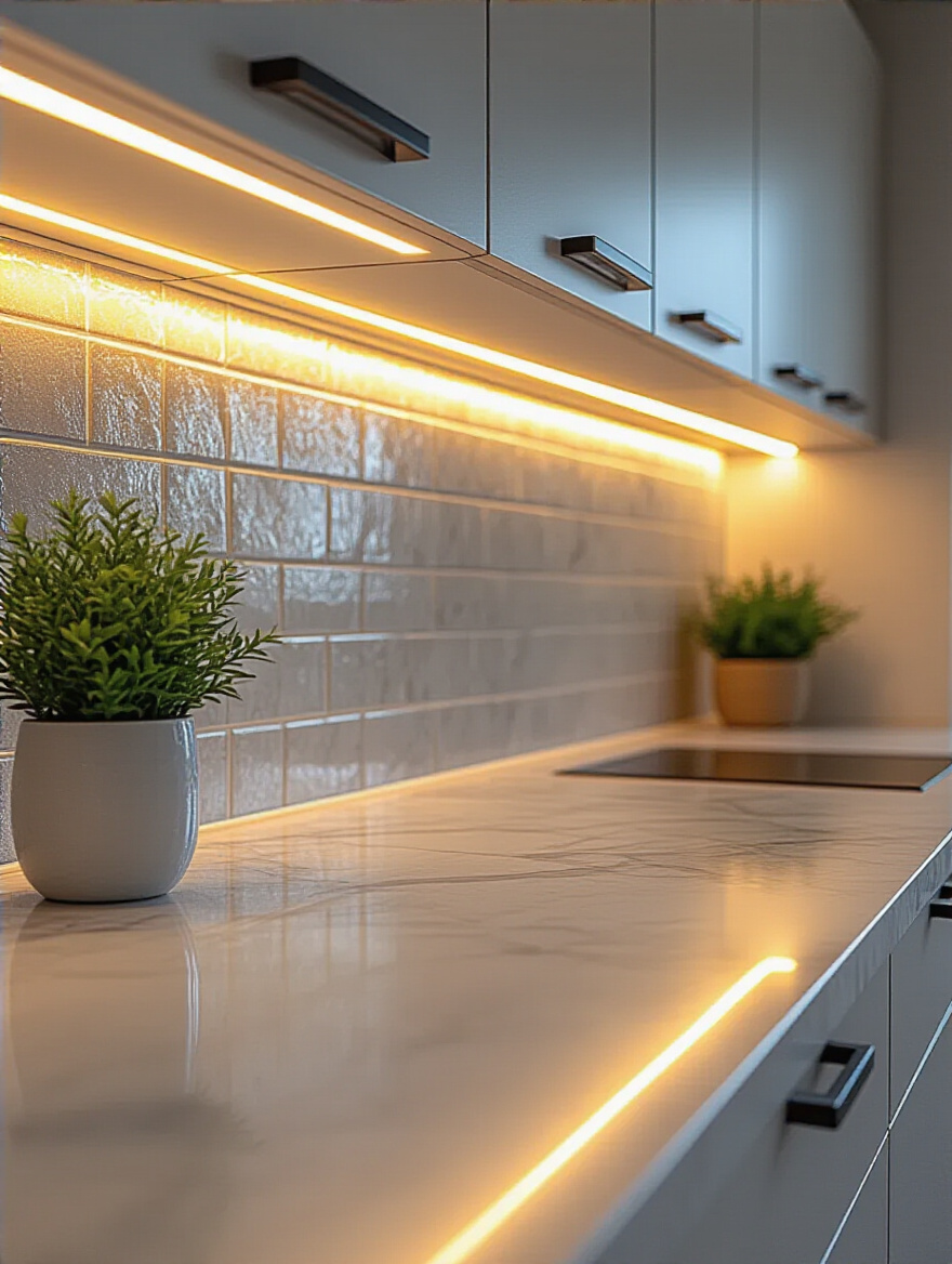 Modern kitchen countertop illuminated evenly with warm white under-cabinet LED lighting highlighting backsplash and workspace