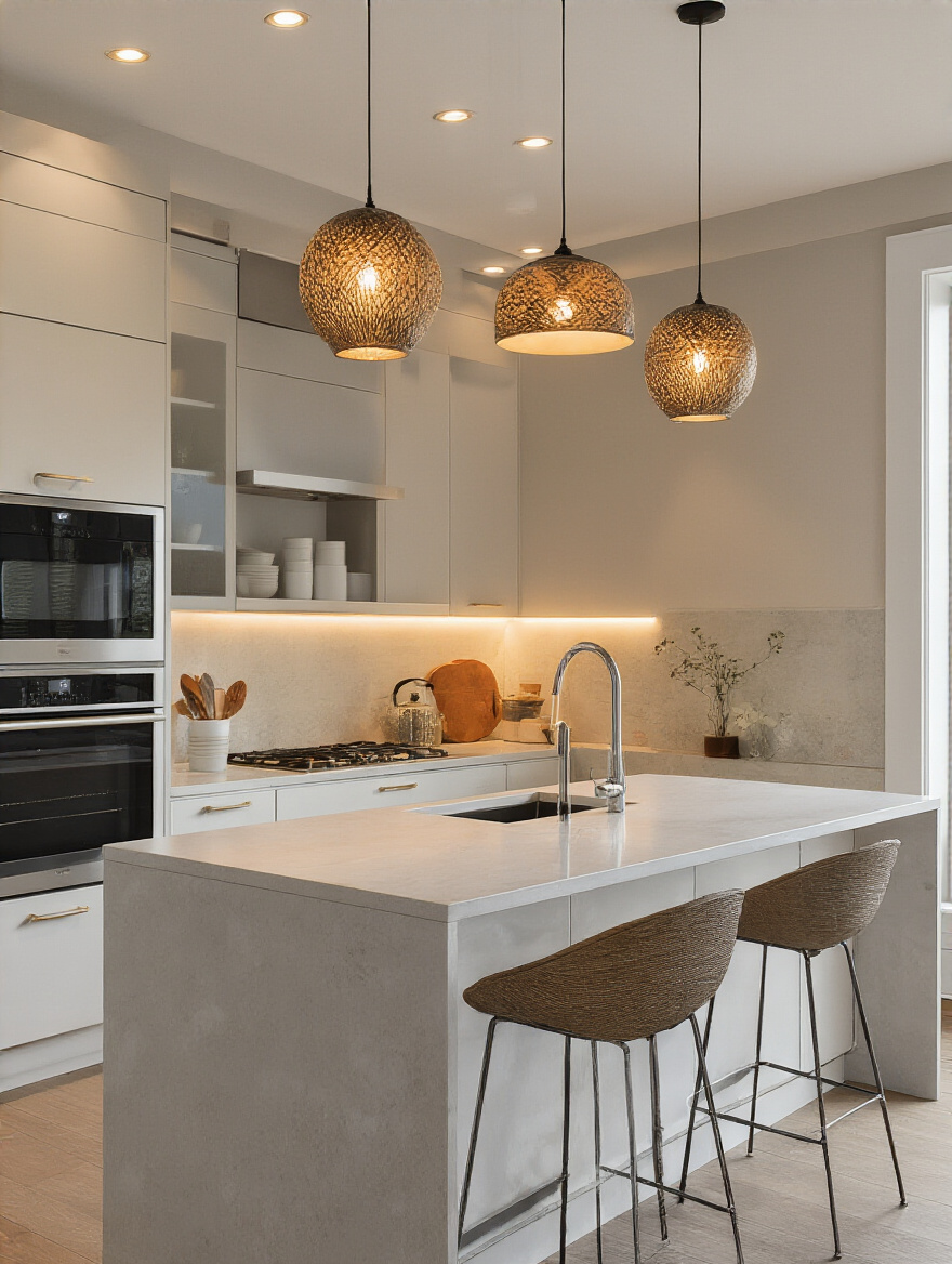 Modern kitchen illuminated with layered task and accent lighting featuring recessed lights, under-cabinet LEDs, and pendant lights over the island