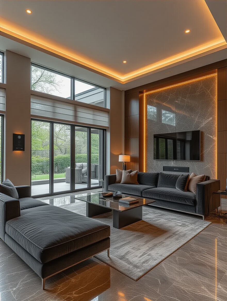 Luxurious living room with integrated smart home automation, ambient lighting, and motorized shades.