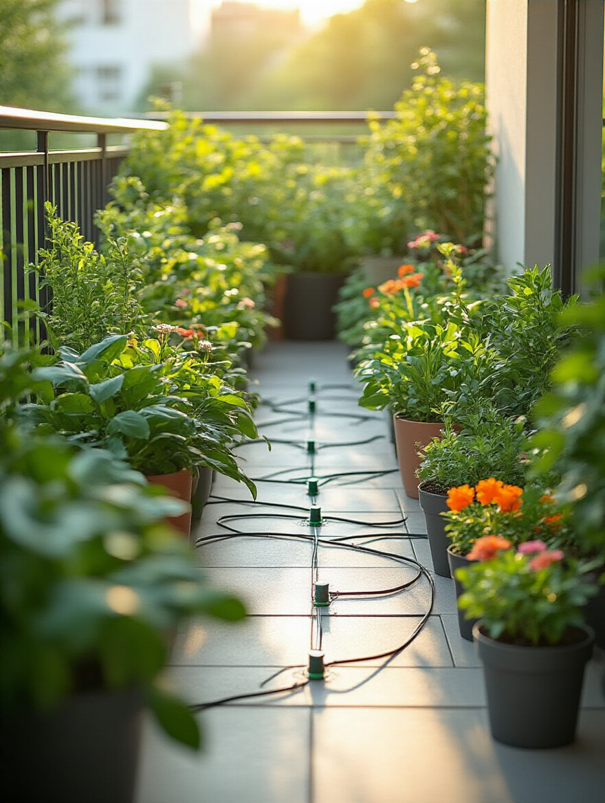 Portrait image of balcony with smart irrigation system and healthy plants