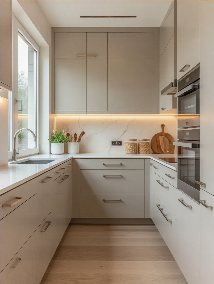 Vertical modern kitchen with seamless cabinetry and hidden storage