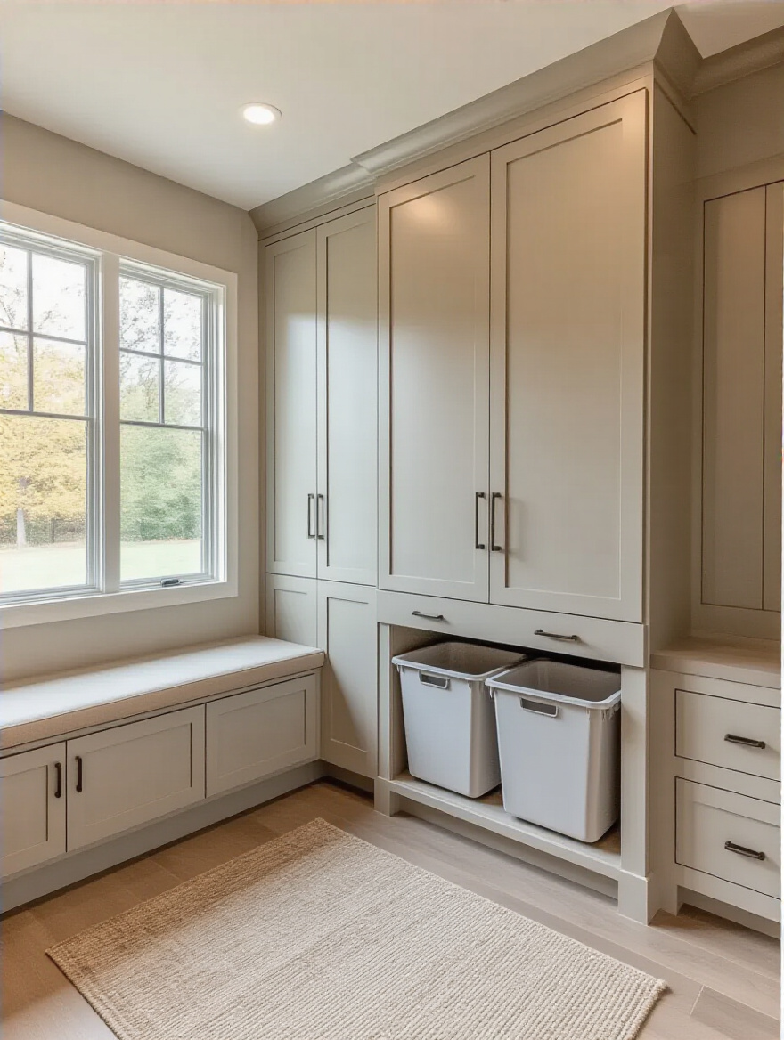Mudroom cabinetry with hidden pull-out hampers