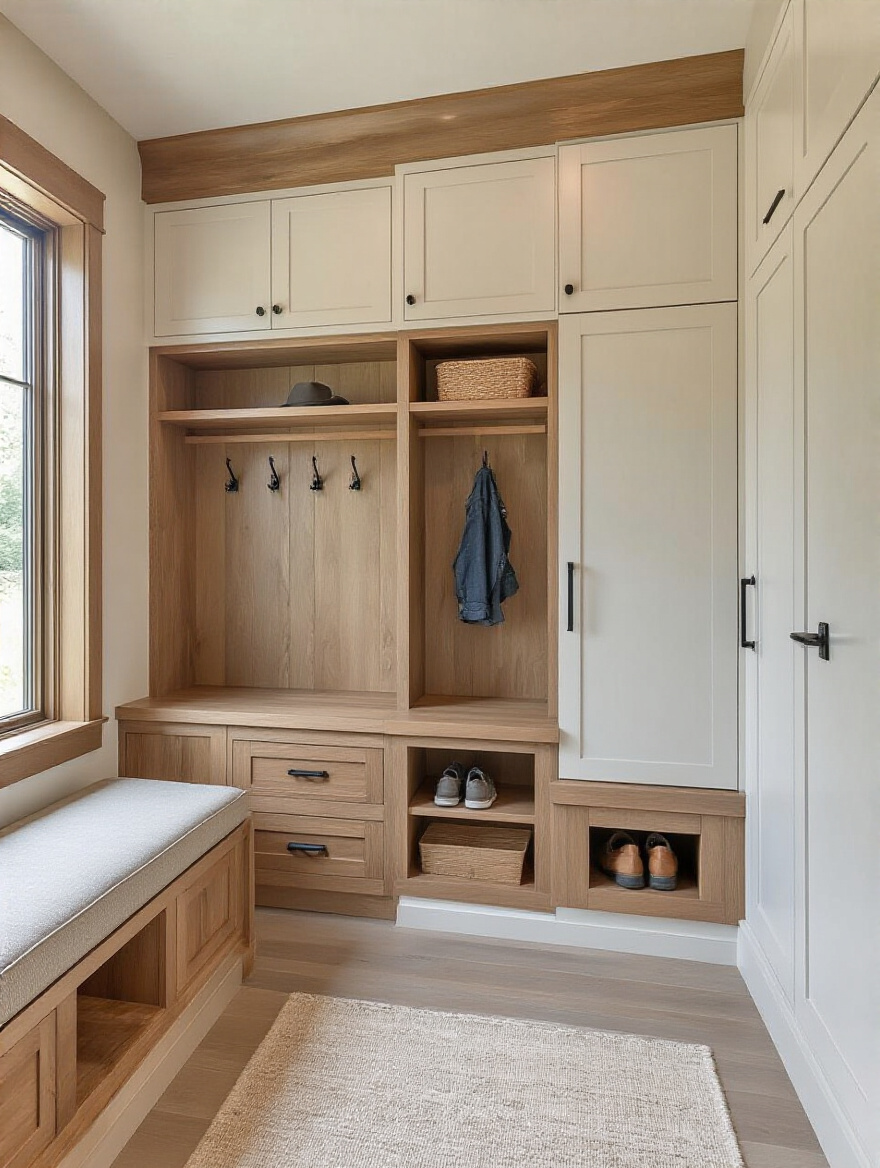 Vertical mudroom with built-in lockers for each family member, organized and clutter-free.