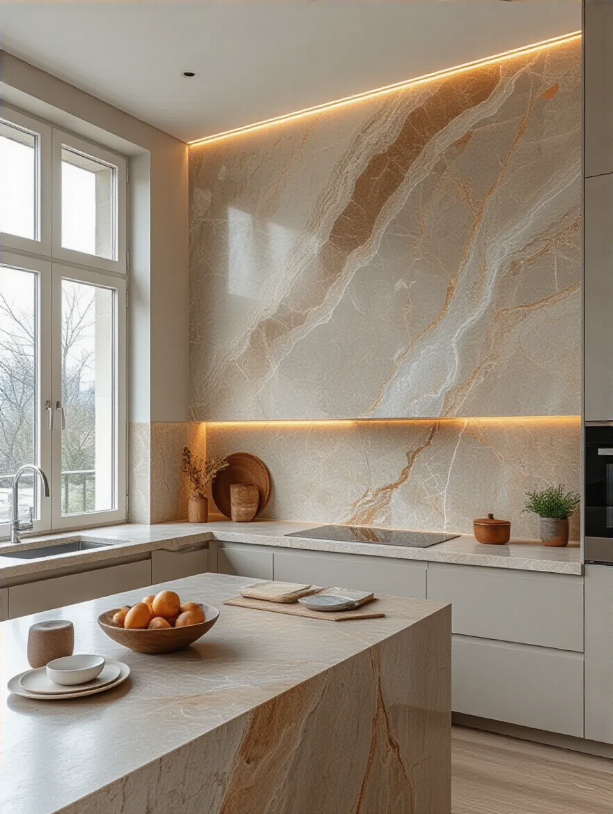 Modern kitchen with a full height distinctive backsplash as focal point