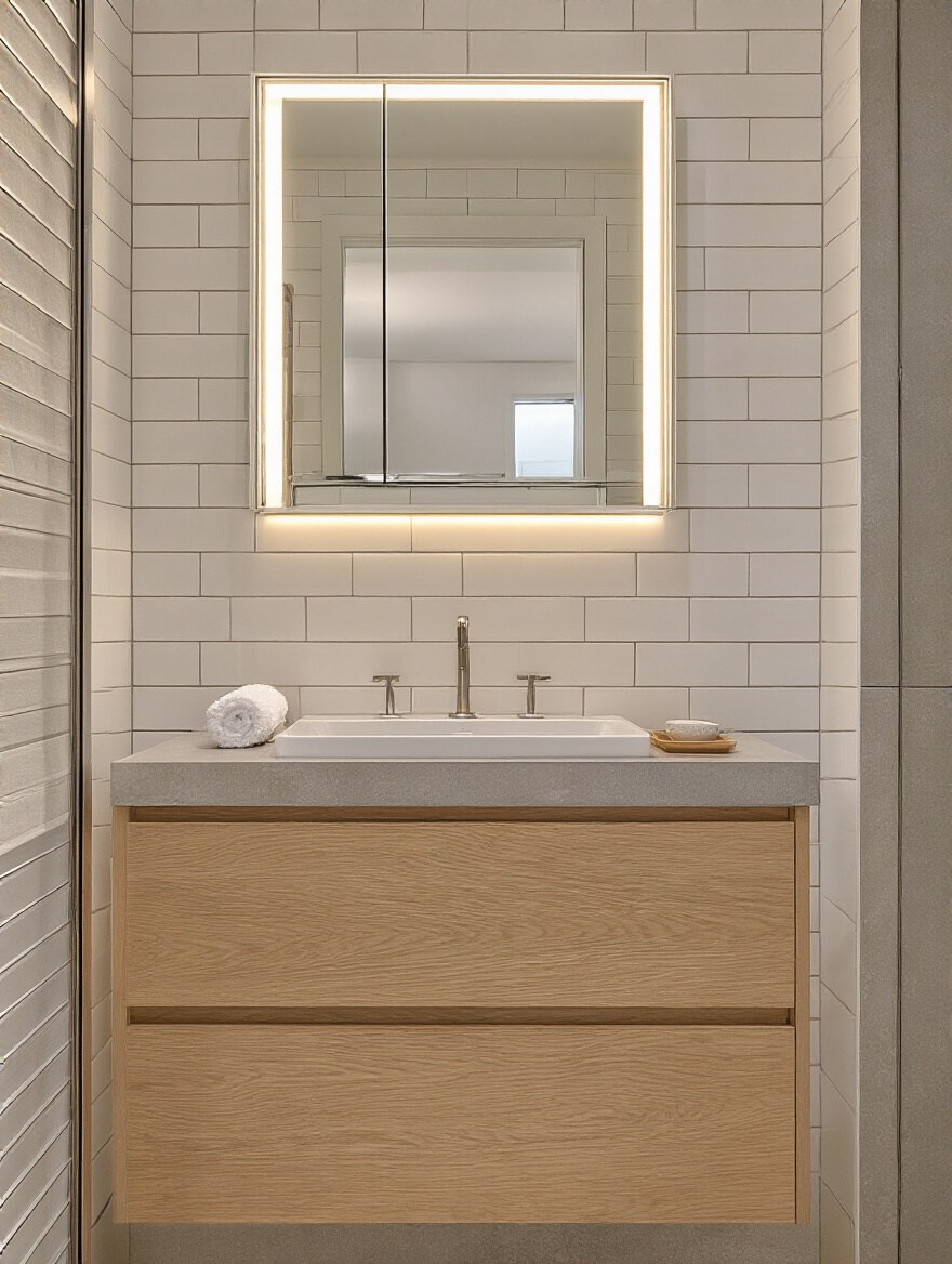 Portrait photo of a modern bathroom with a recessed frameless mirror cabinet above a floating vanity, warm LED accent lighting and tidy counter.