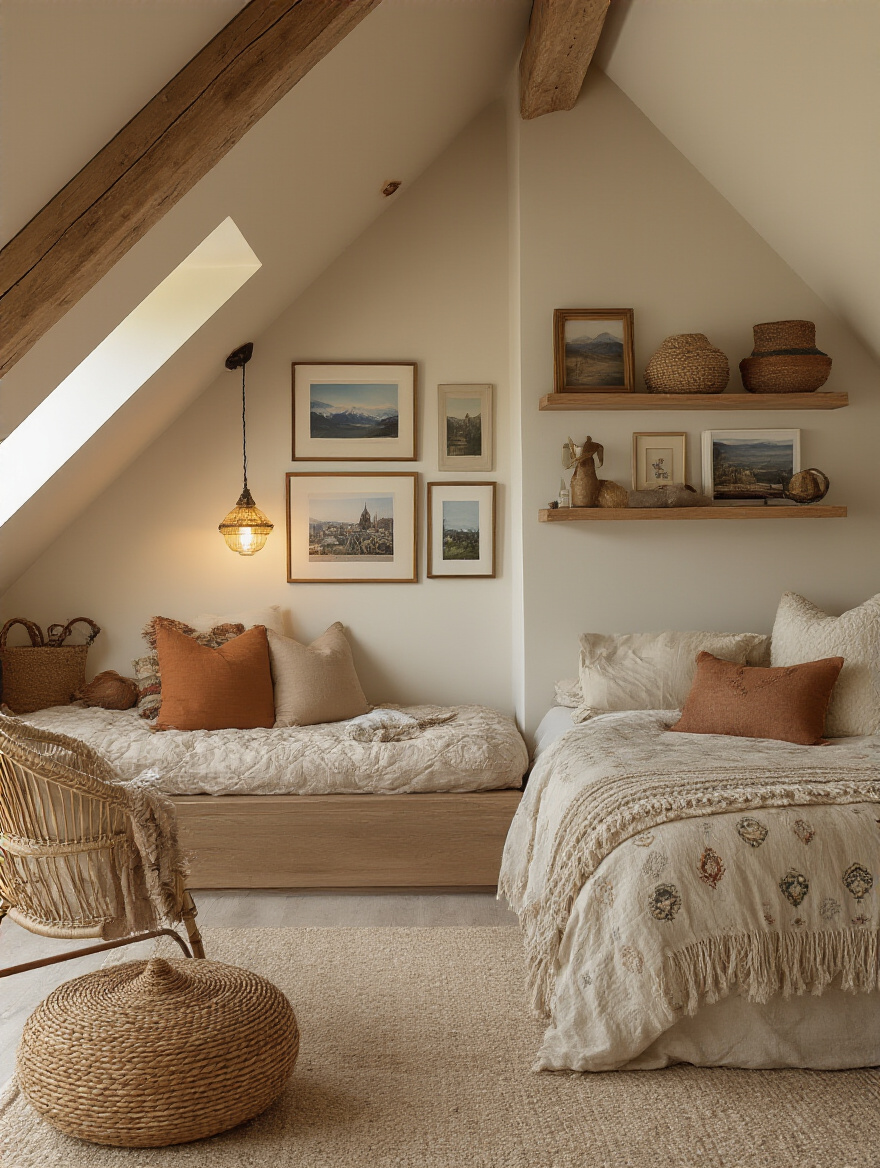 Attic bedroom vignette with gallery wall, heirloom decor, and cozy textiles illuminated by warm lamps