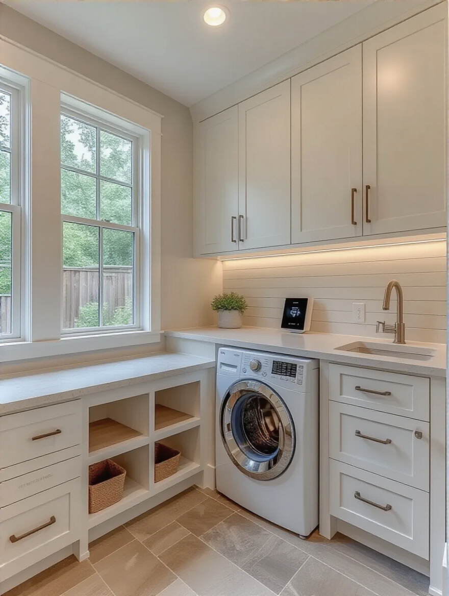 Portrait view of a tidy mudroom laundry with smart monitoring devices on the wall and appliances.