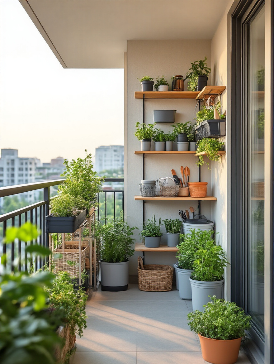 Small balcony featuring smart vertical storage with wall-mounted shelves and over-the-railing caddy holding plants and gardening tools