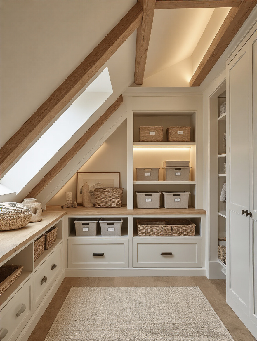Attic bedroom showing under-eaves storage cabinets along a sloped ceiling with labeled bins