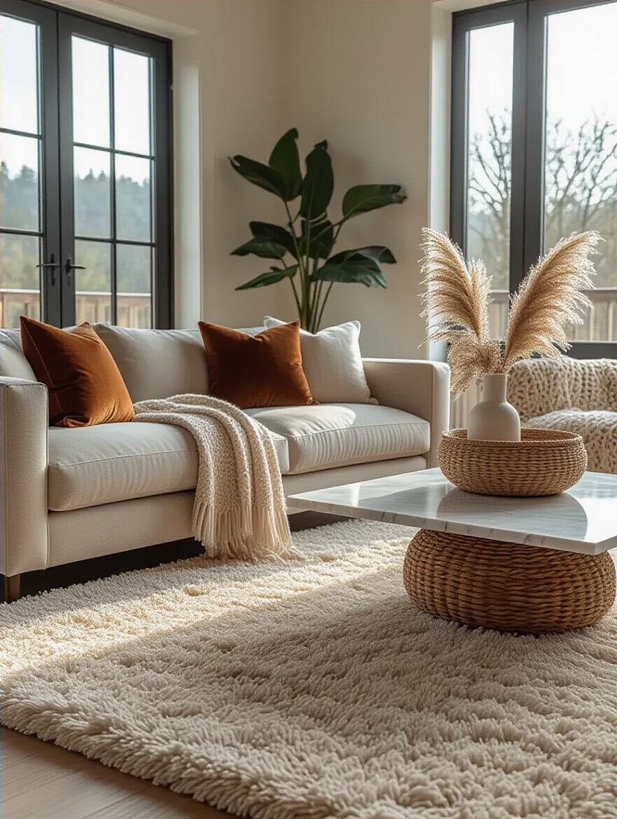 Modern living room interior with layered varying textures including velvet sofa, shag rug, marble table, and woven accents