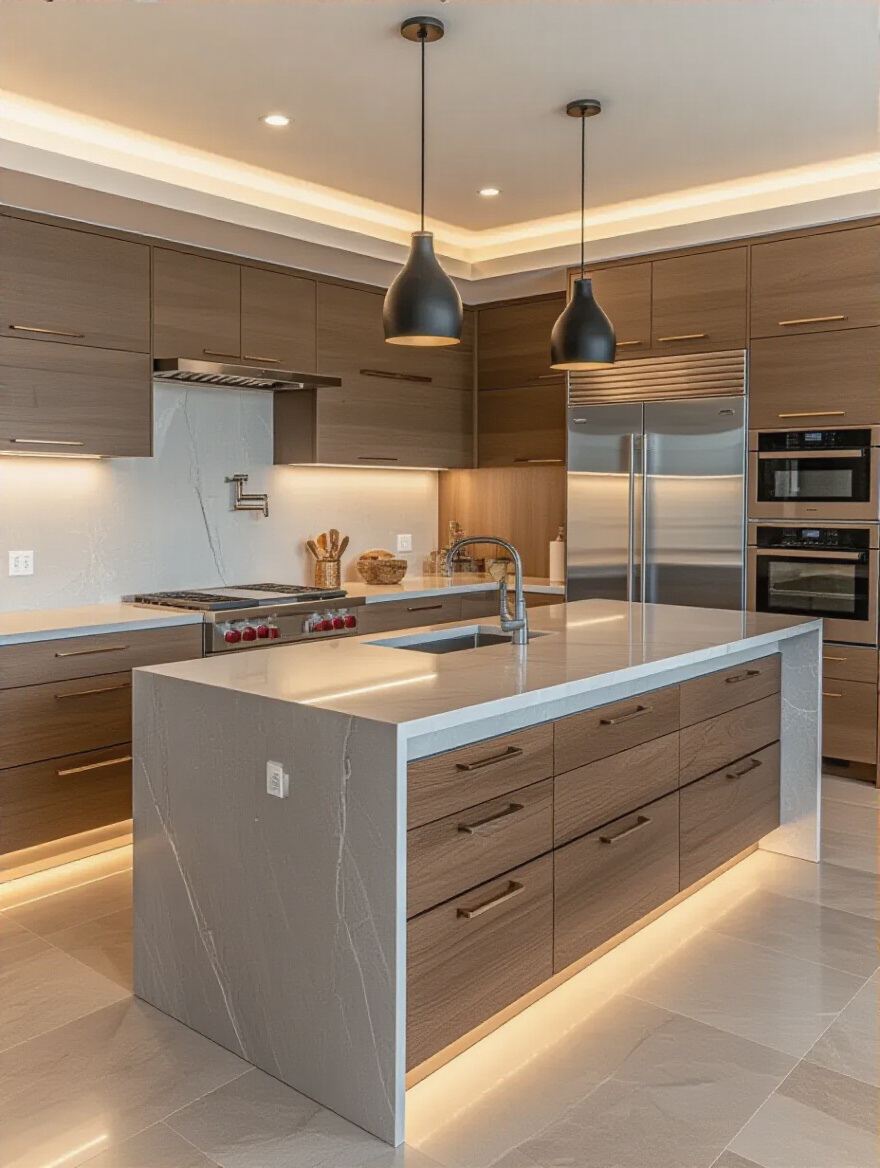 Modern kitchen with a multi-purpose kitchen island featuring seating, storage, and appliances