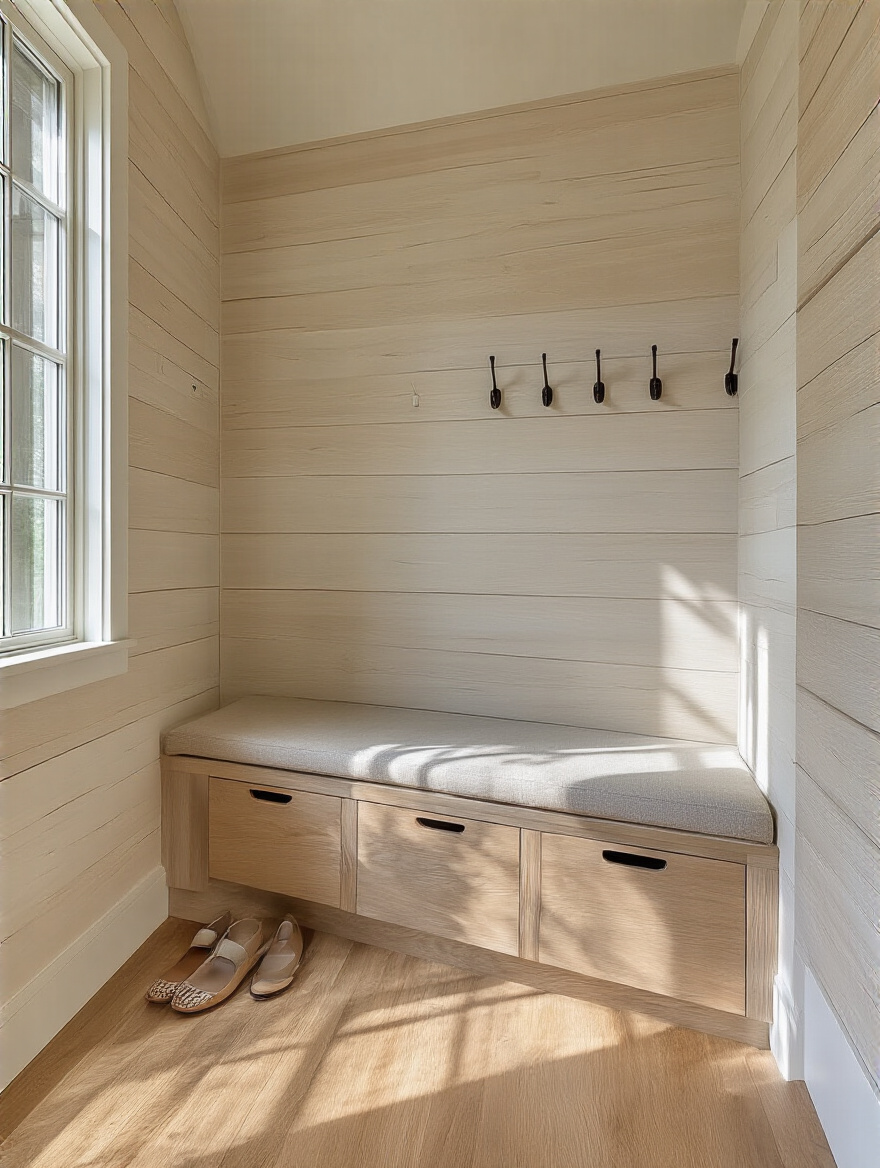 Mudroom bench with integrated shoe storage drawers