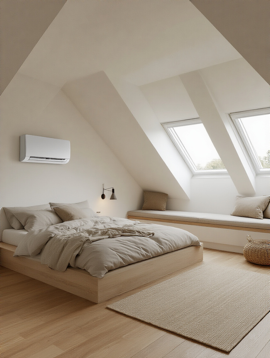 Portrait view of an attic bedroom with a wall-mounted mini-split HVAC unit integrated into the design