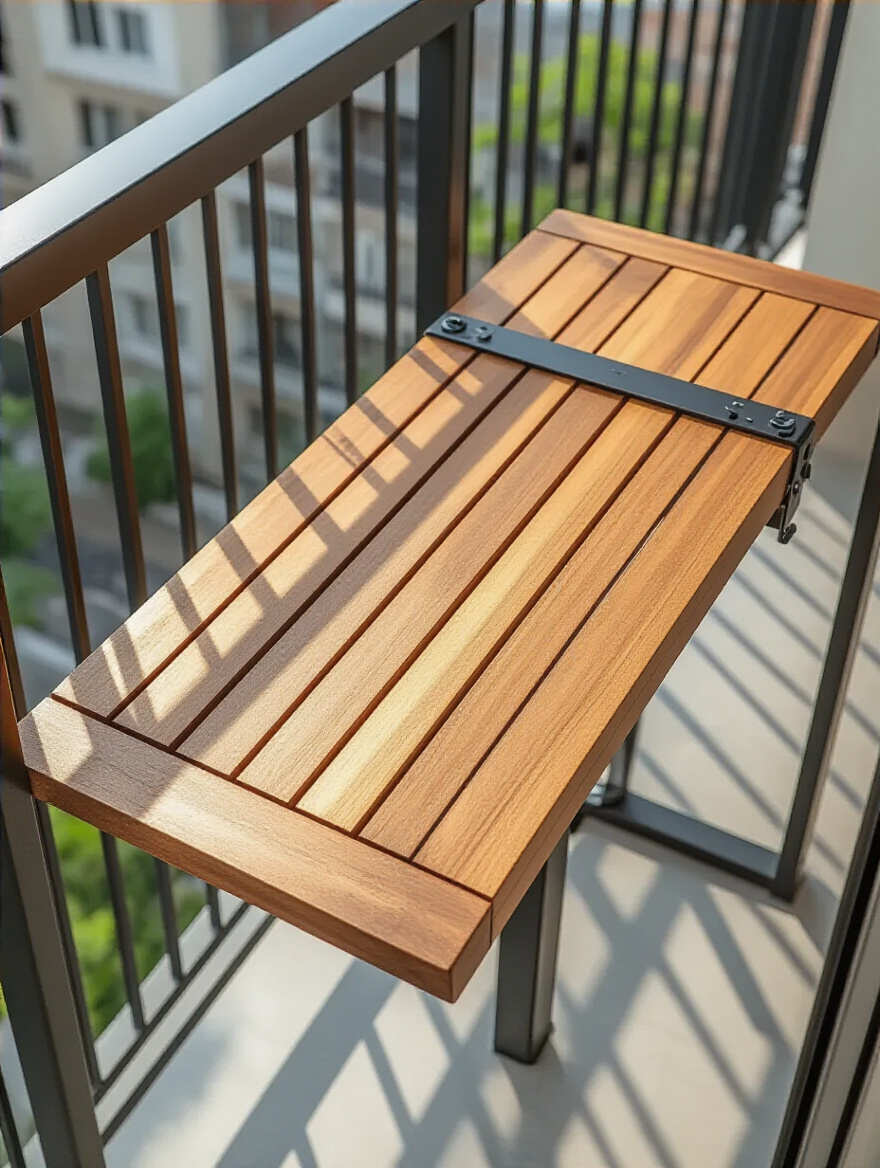 Modern small balcony with an acacia wood railing bar table securely attached to the railing, showcasing a space-saving dining solution