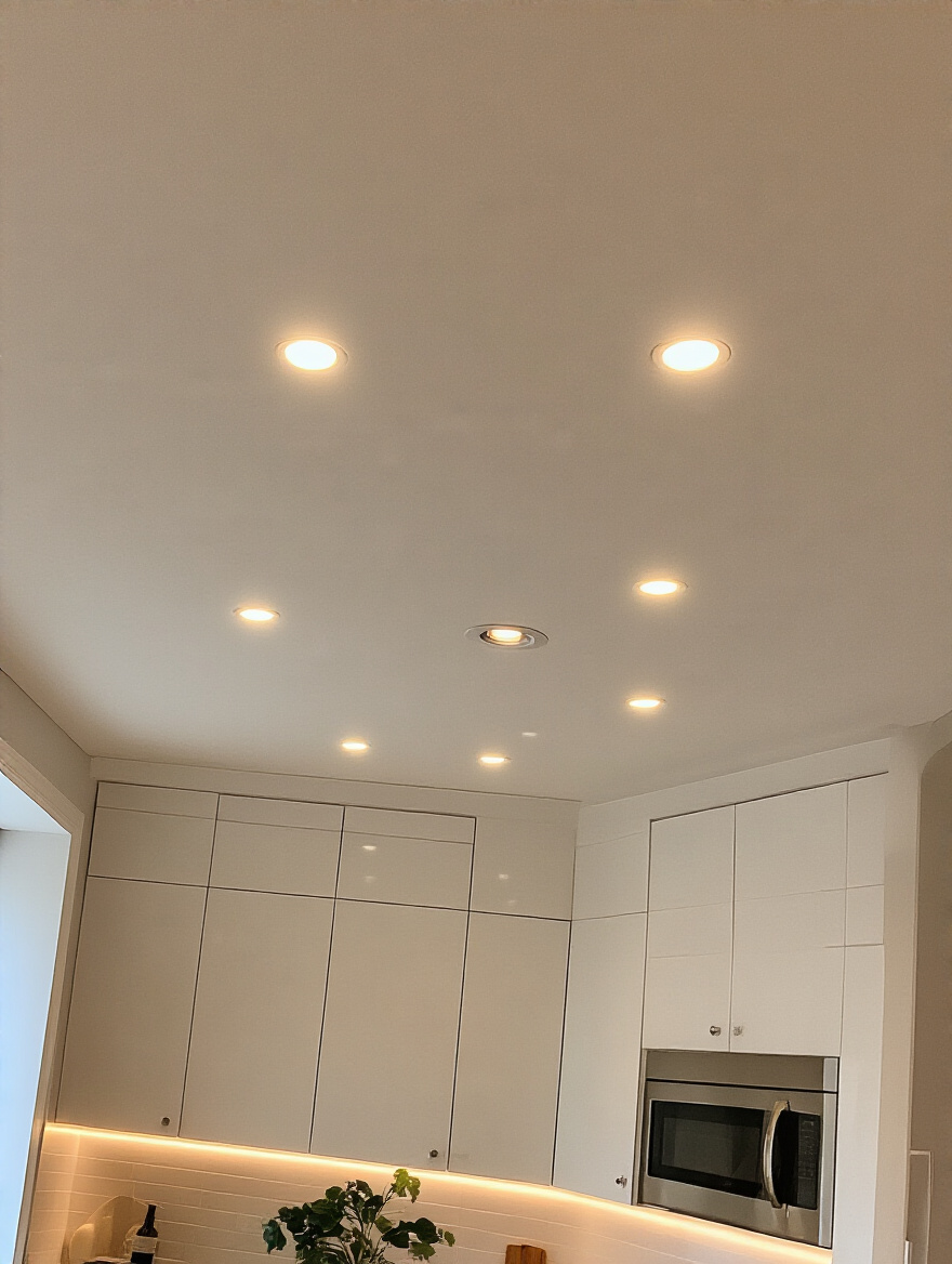 Modern kitchen ceiling with warm white LED recessed lighting fixtures providing seamless overhead illumination