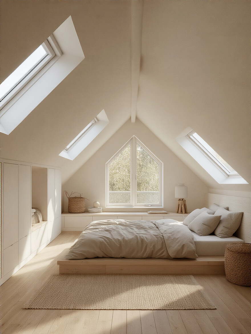 Bright attic bedroom with skylights providing abundant overhead daylight
