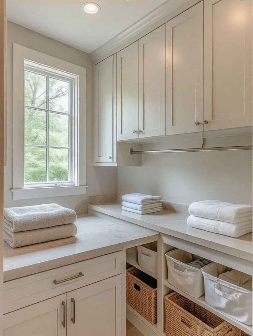 Mudroom laundry with a generous folding countertop and organized storage