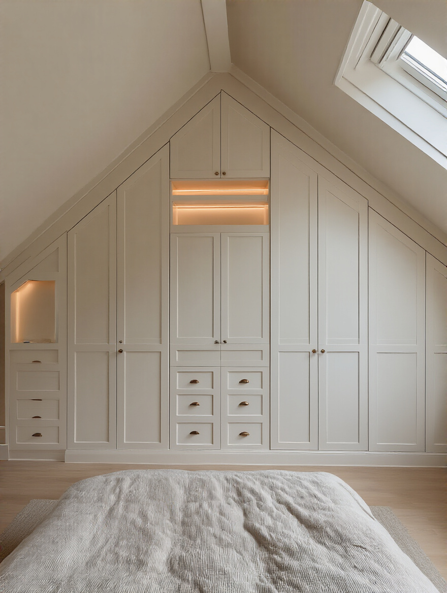 Attic bedroom with integrated built-in wardrobes along a gable wall, warm lighting, minimalist white cabinetry