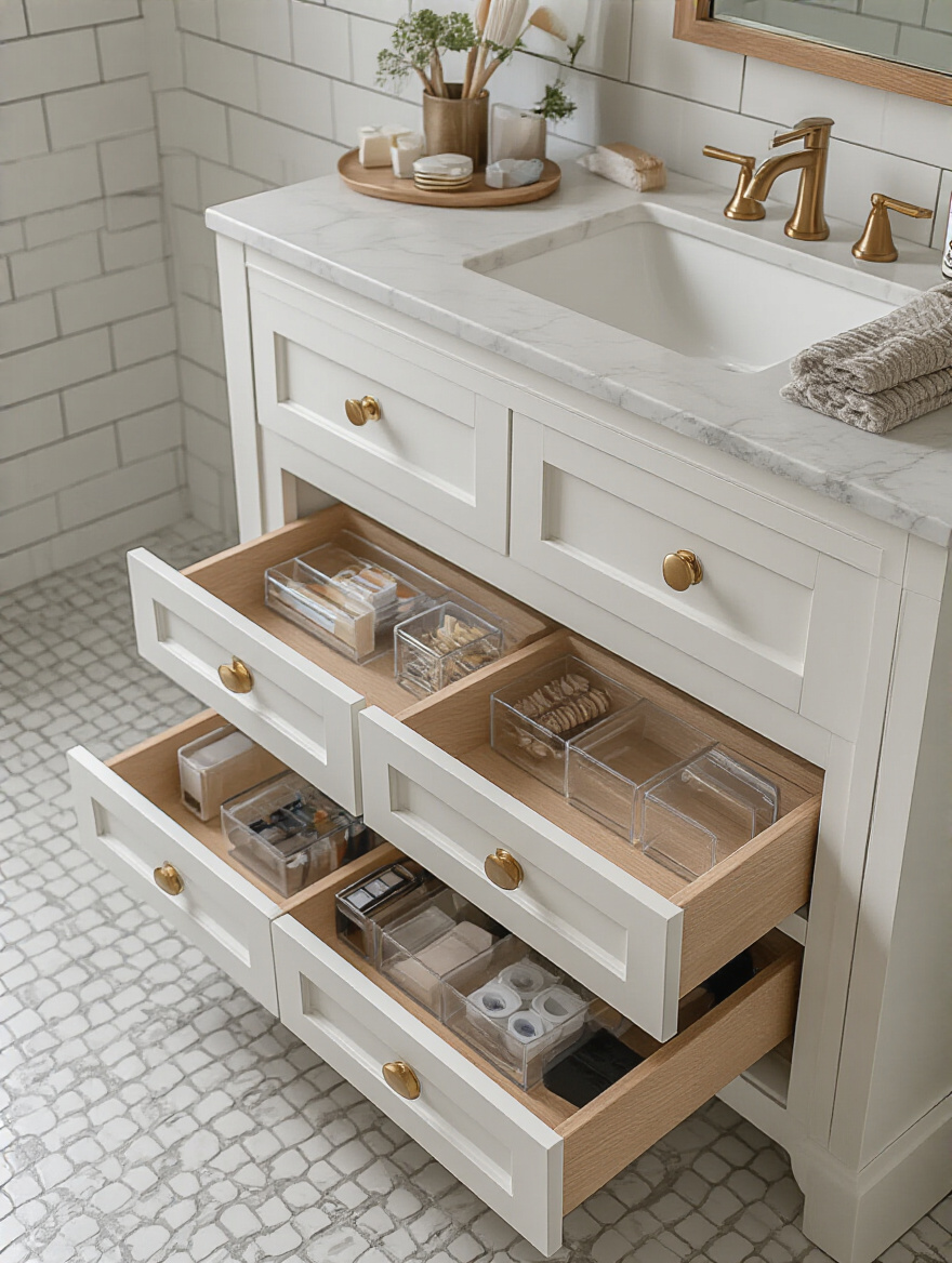 Modern bathroom vanity with a mix of shallow drawers and closed cabinet doors, showing organized drawer inserts