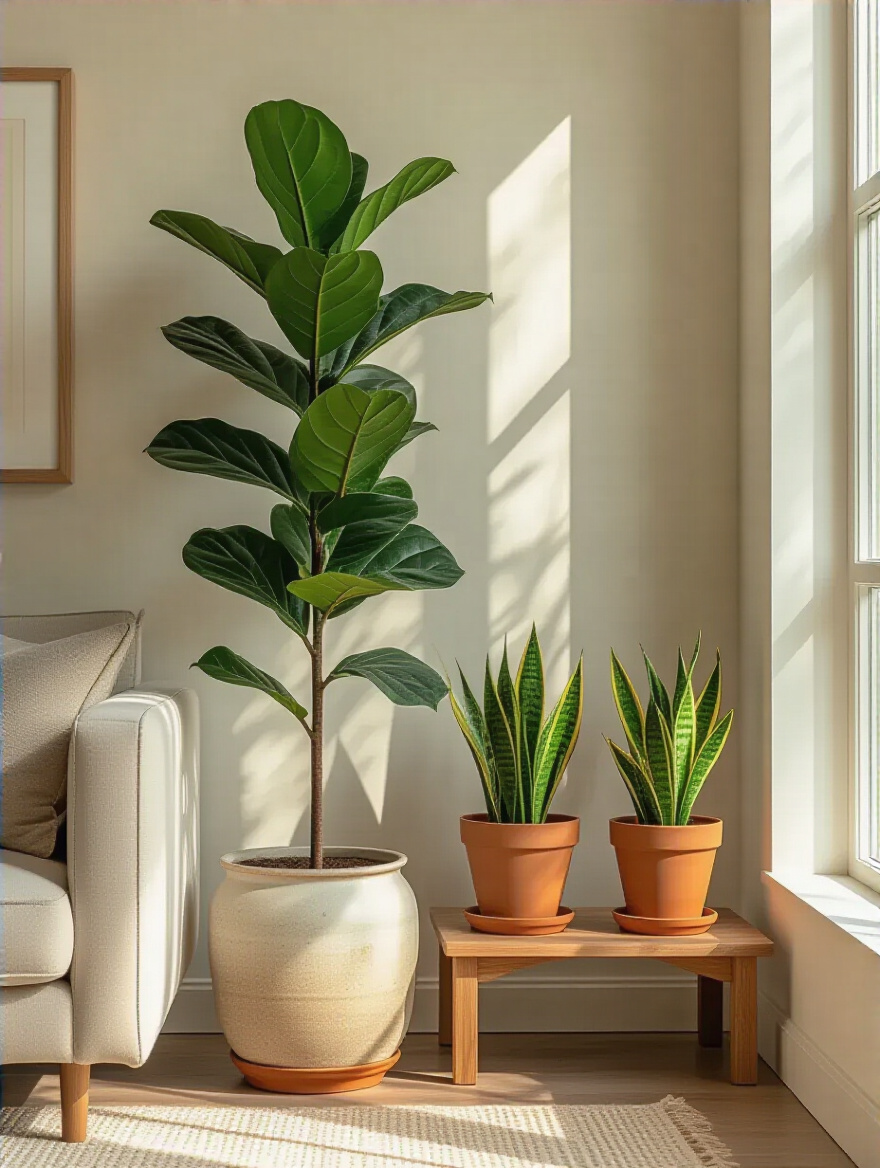 Modern living room corner with Fiddle Leaf Fig and Snake Plants in stylish pots, natural lighting highlighting indoor greenery