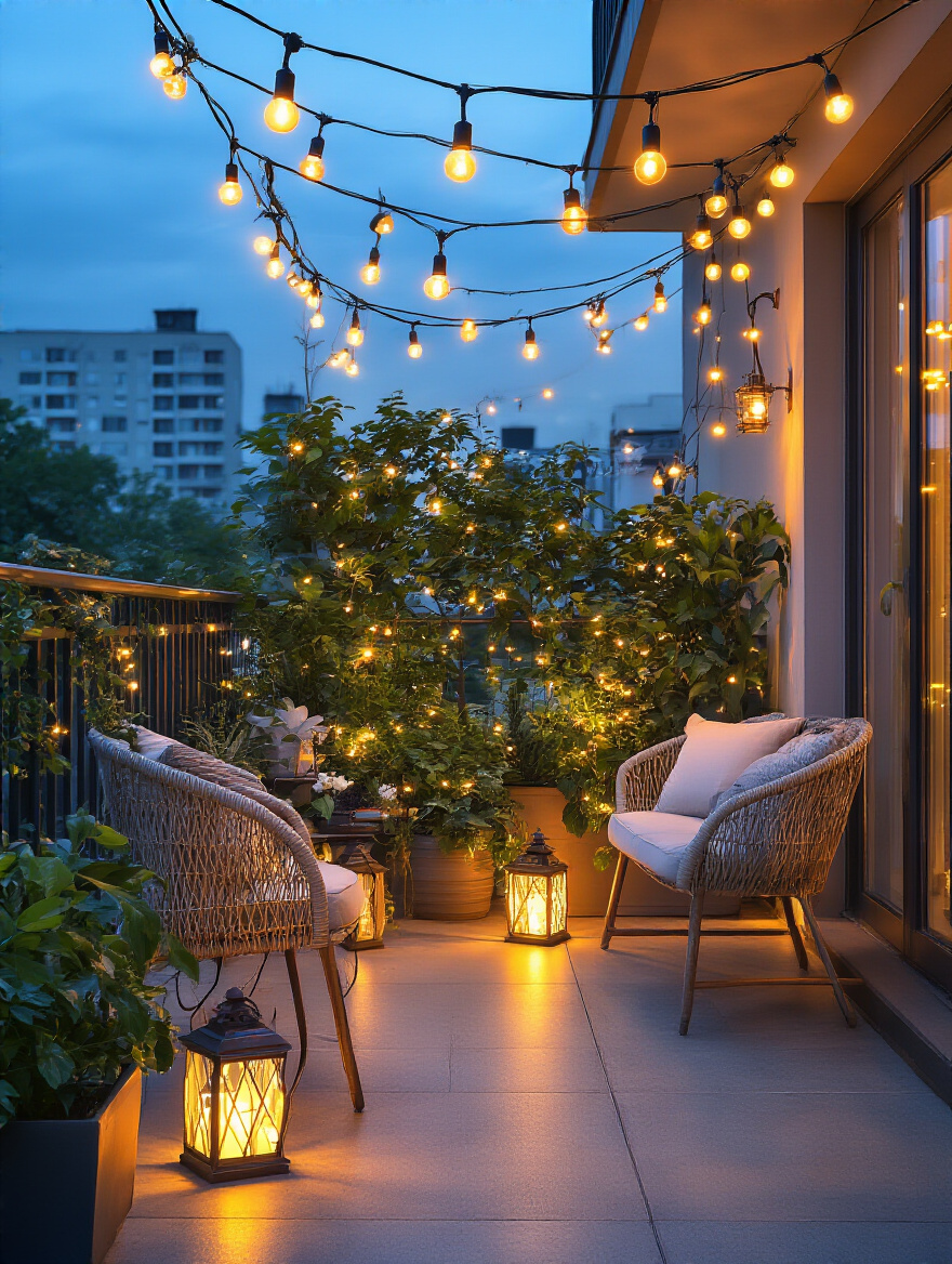 Small balcony at dusk with layered warm white string lights, solar lanterns, and accent spotlights creating inviting evening ambiance