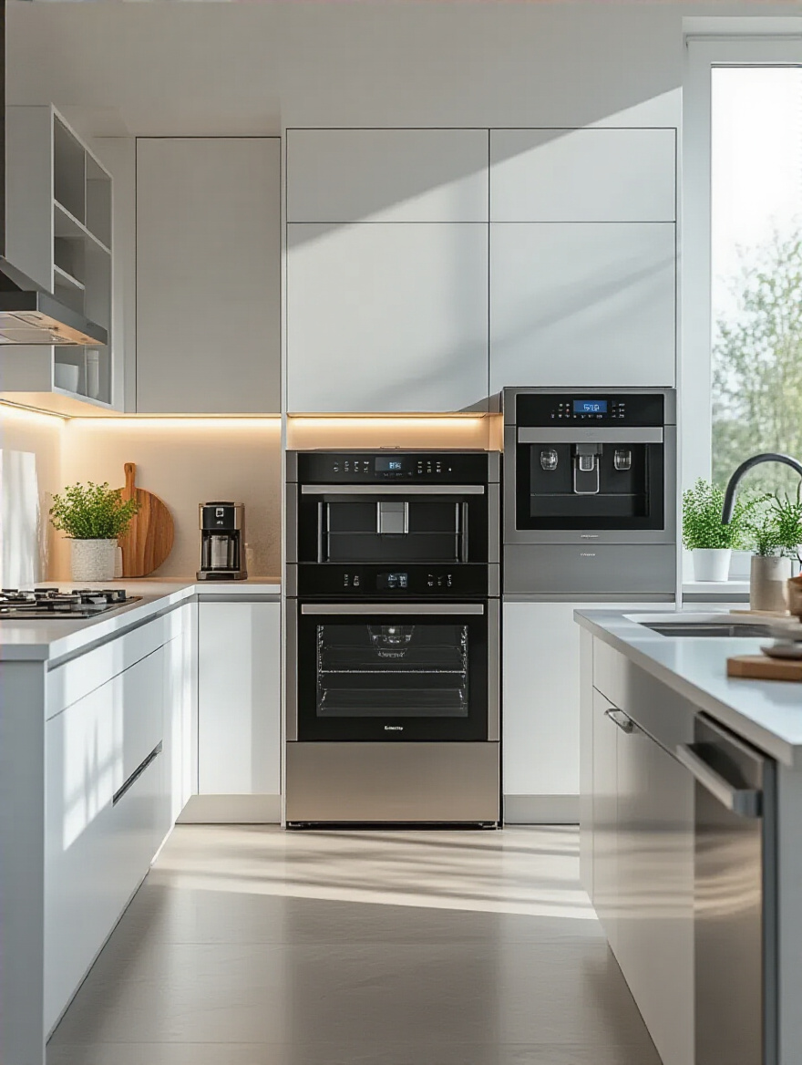 Modern kitchen with integrated smart refrigerator, oven, and dishwasher featuring digital touchscreens and sleek design