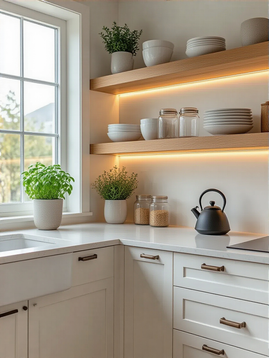 Vertical modern kitchen with floating open shelves displaying curated dinnerware, glass canisters, and plants