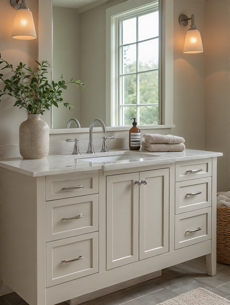 Vertical photo of modern bathroom vanity with moisture-resistant finish, water beading on cabinet surface and sealed edges