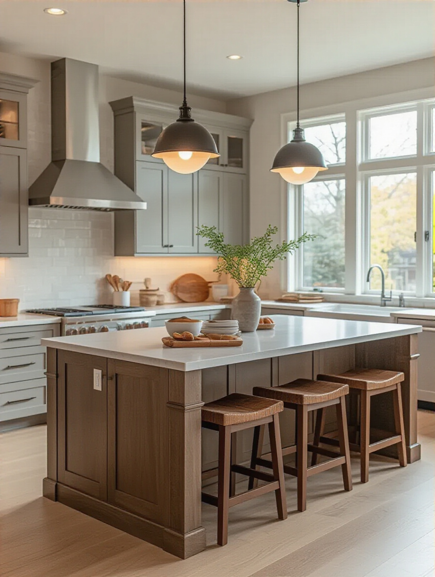 Modern kitchen with a multi-functional island featuring seating and prep space, bright natural lighting, no people
