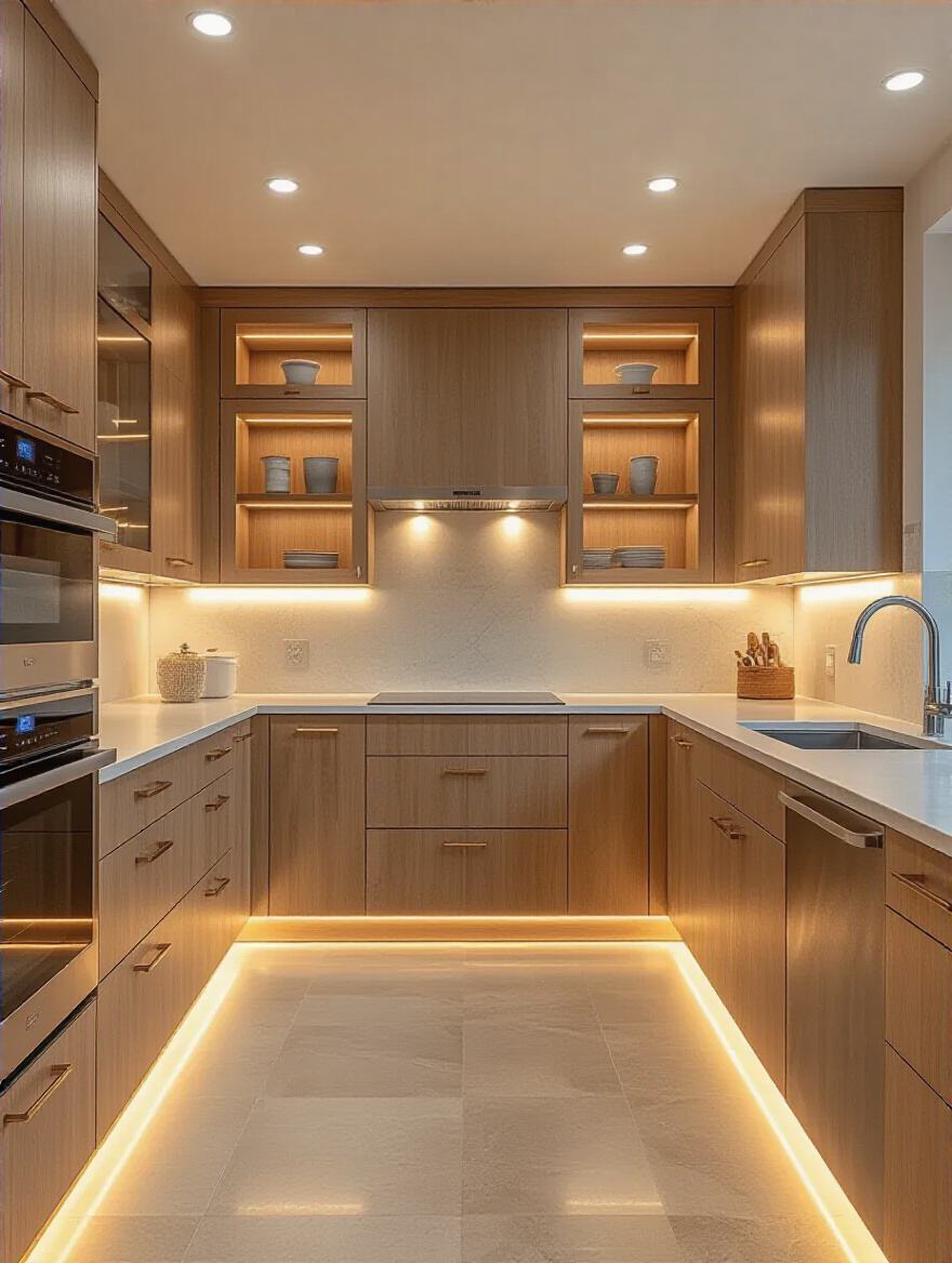 Modern kitchen interior with layered ambient, task, and accent lighting creating depth and visual appeal