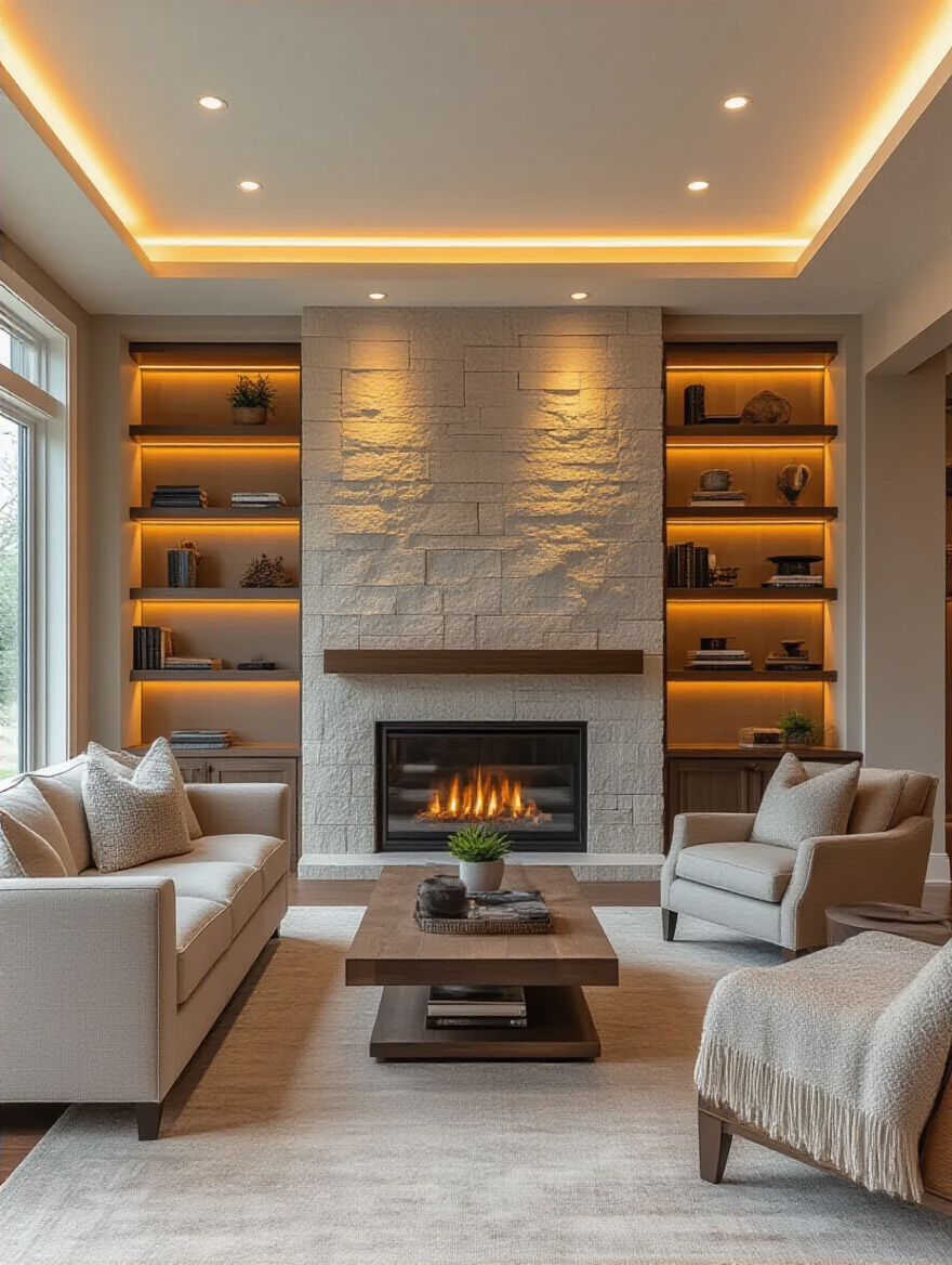 Living room with layered lighting sources including ambient ceiling lights, task floor lamps, and accent LED strips creating mood and functionality