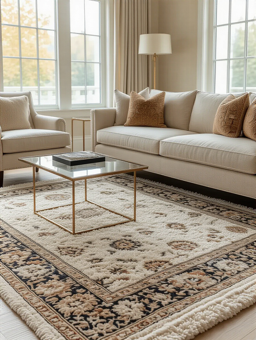 Luxurious living room with layered high-pile hand-knotted rugs and warm lighting.