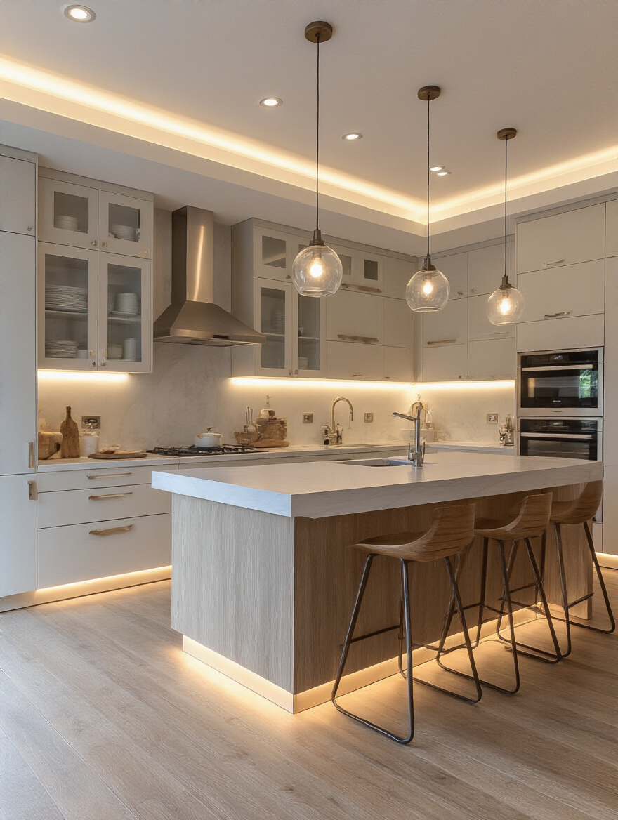 Modern kitchen with layered lighting including ambient recessed lights, under-cabinet task lighting, and accent toe-kick lights highlighting different zones