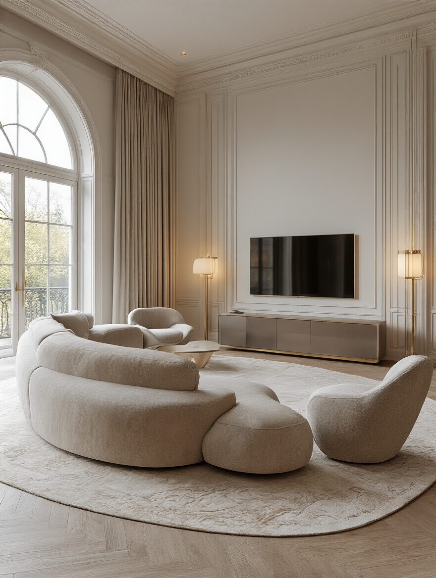 Luxurious living room portrait-style scene showing smart furniture placement to maximize scale