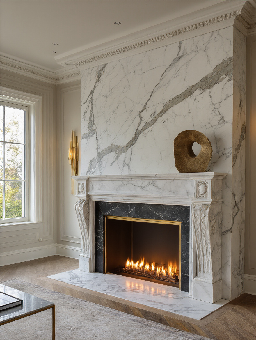 Luxurious living room with a bespoke Calacatta marble fireplace mantel surround and curated adornments