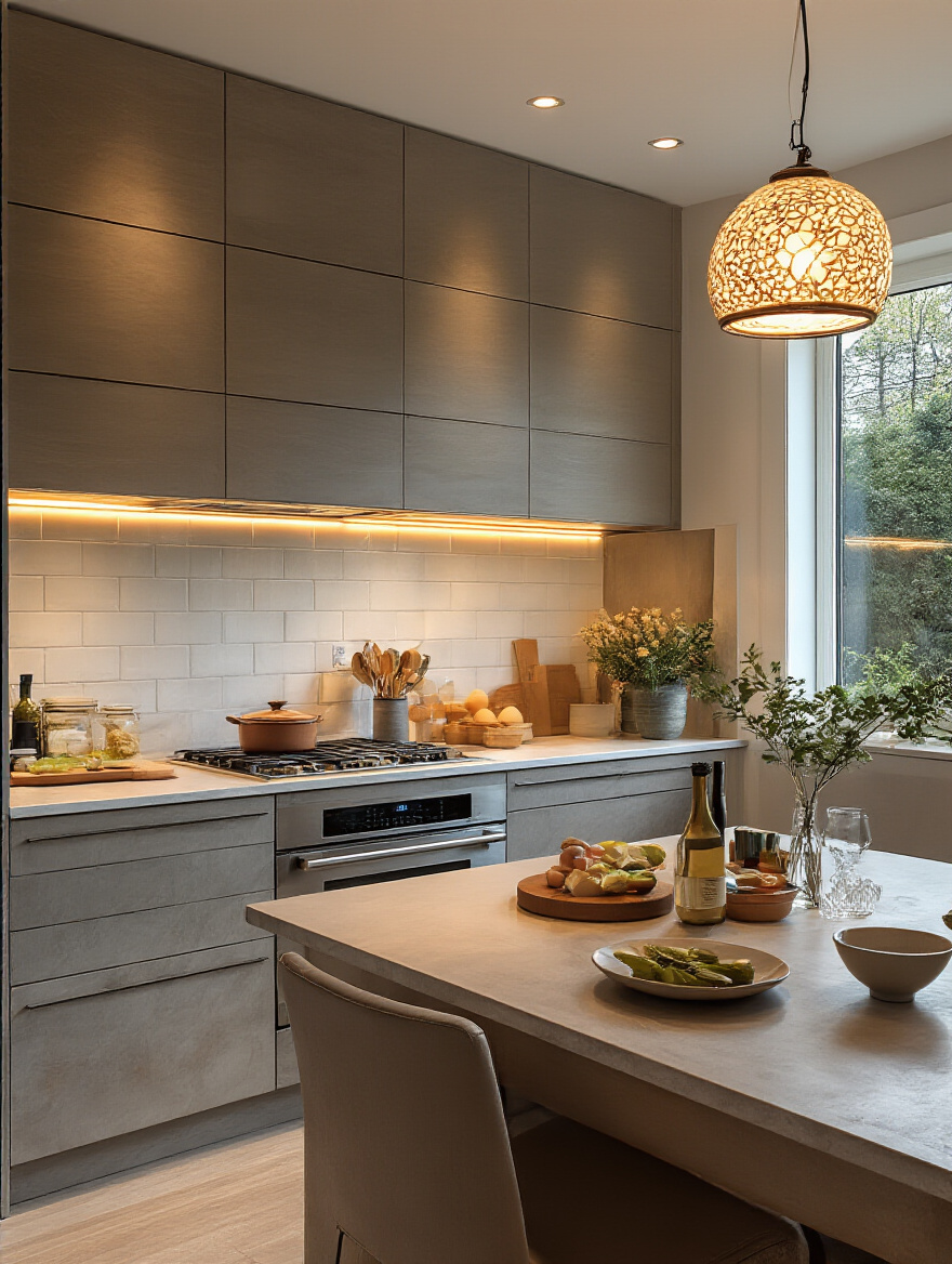 Modern kitchen interior showing distinct work zones with optimized task and ambient lighting for kitchen lighting fixtures