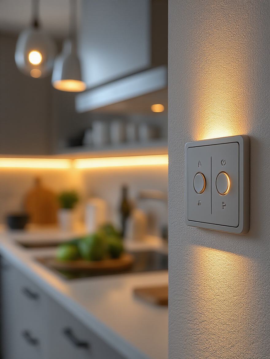 Close-up of a modern master dimmer switch integrated on a kitchen wall, showcasing adjustable lighting control for mood settings