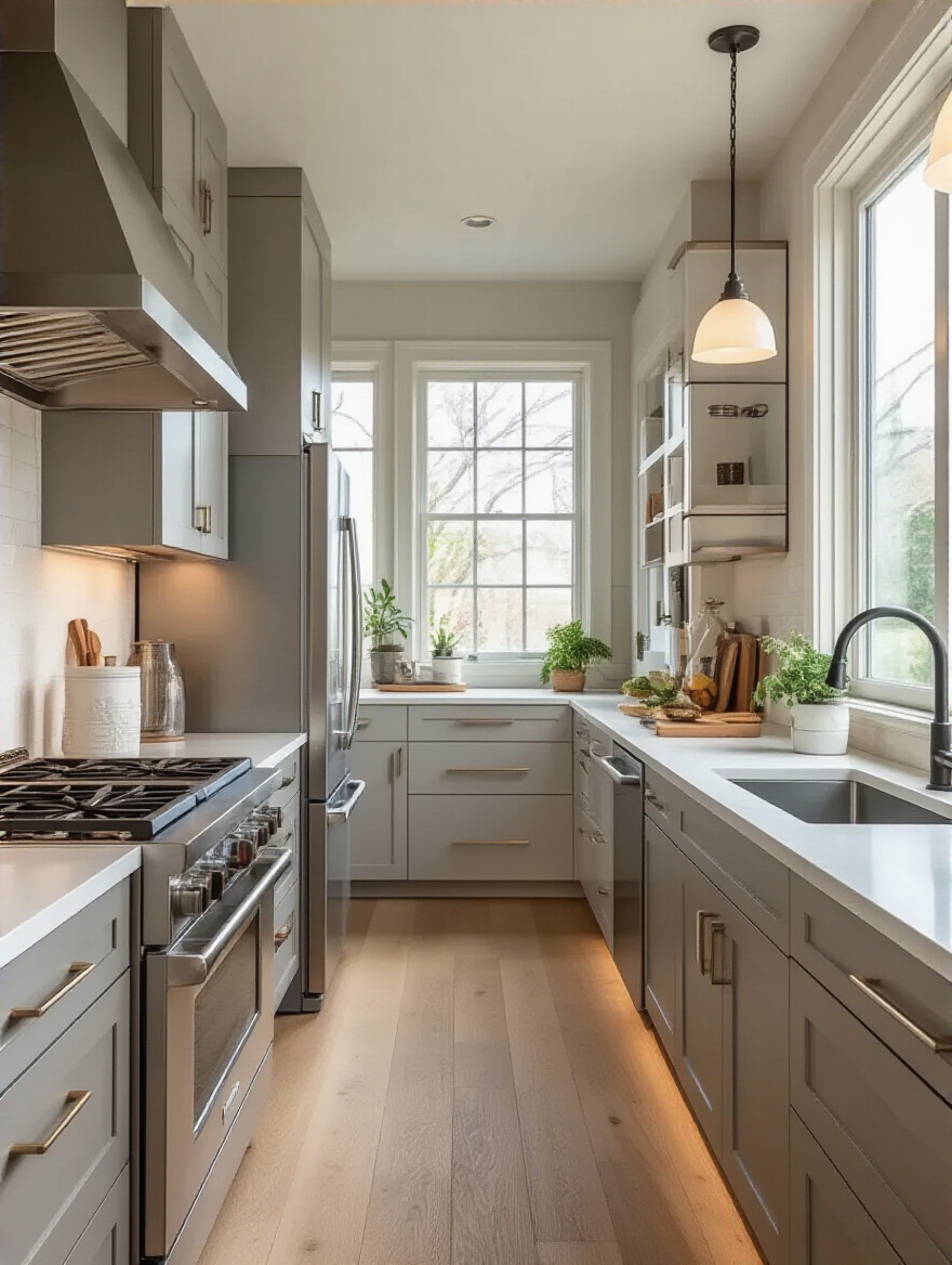 Modern kitchen interior showing the ergonomic kitchen work triangle with refrigerator, sink, and stove arranged for optimal efficiency