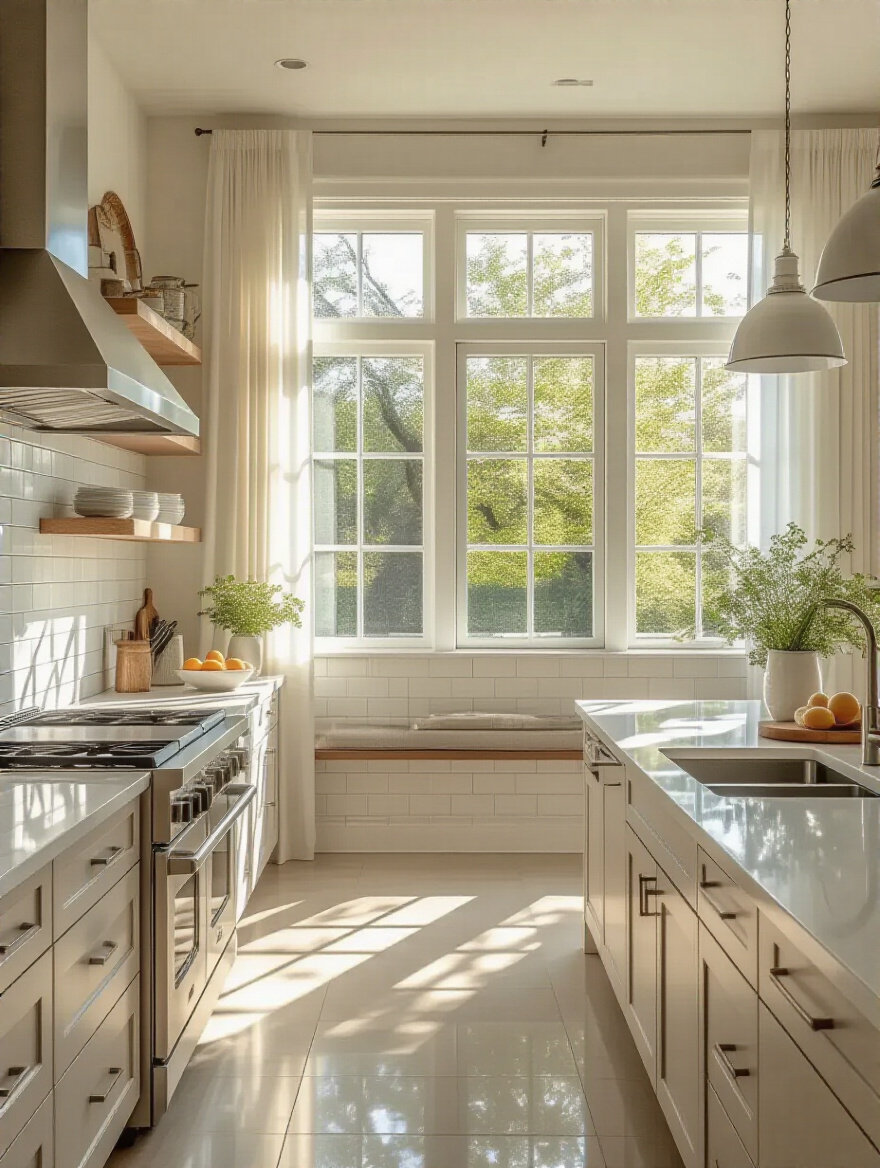 Modern kitchen flooded with natural daylight through large windows, featuring light-colored cabinetry and reflective surfaces for energy savings