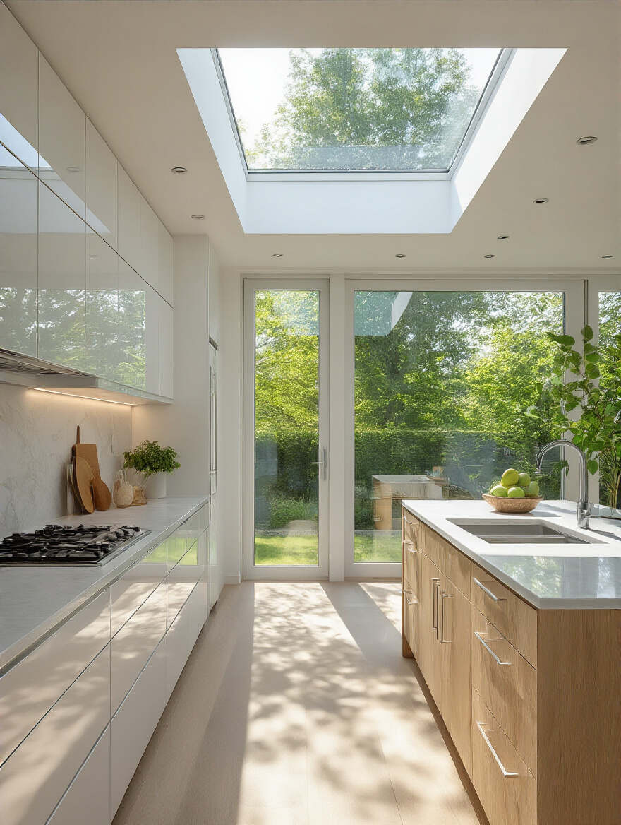 Bright modern kitchen with large windows and skylight maximizing natural light