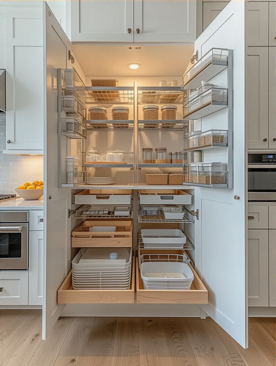 Open kitchen cabinet showing smart cabinet organizers with pull-out shelves and tiered risers maximizing storage